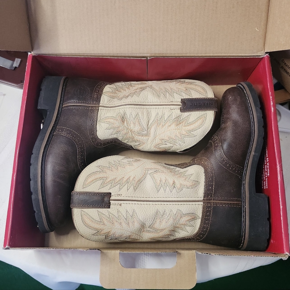 Justin Boots Brown and Cream Western Work Boots